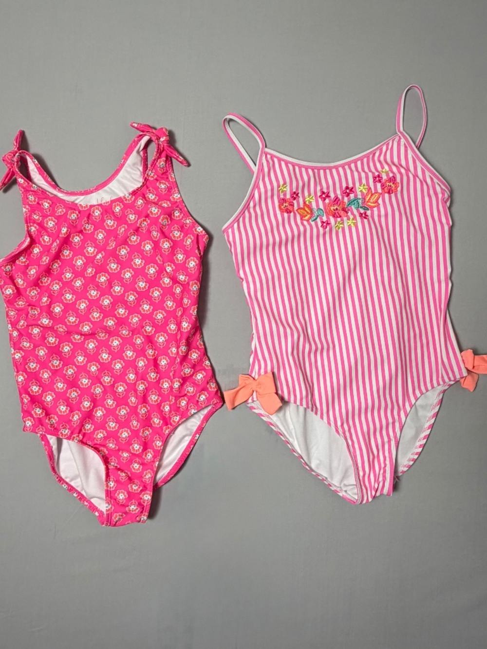 Bundle of 2 Girls One-Piece Pink Embroidered Floral & Striped Swimsuits, Size 12